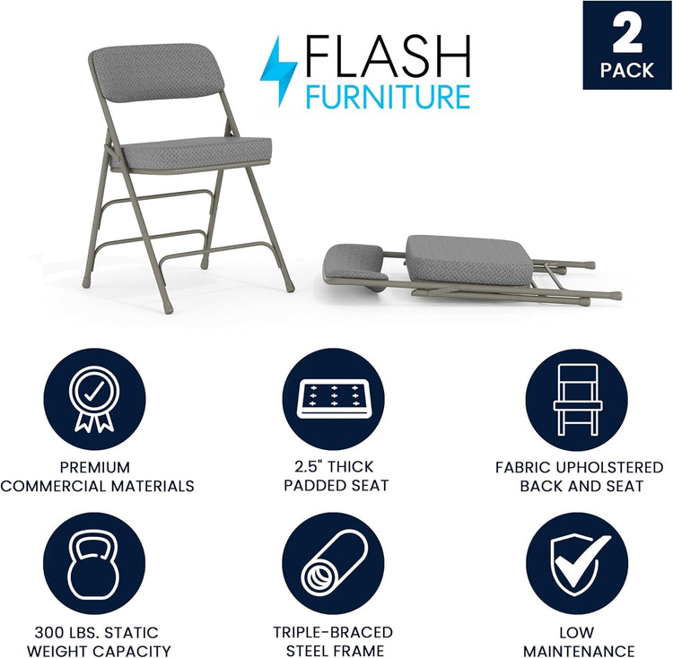 Two gray folding chairs with Flash Furniture branding, highlighting features on a white background.