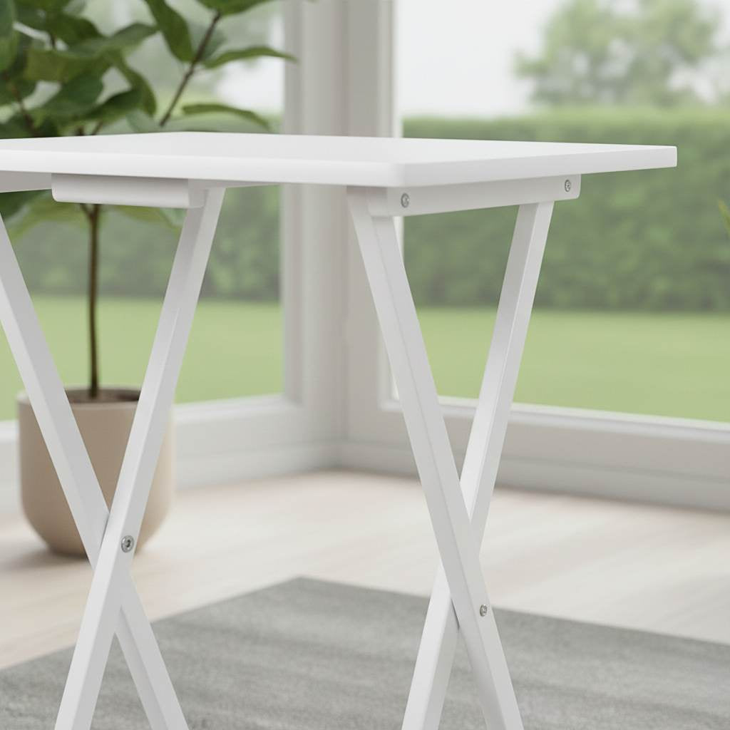 Two white folding TV tray tables with wood finish and sturdy X-frame legs.