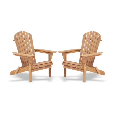 Two wooden Adirondack chairs on a white background