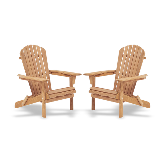 Two wooden Adirondack chairs on a white background