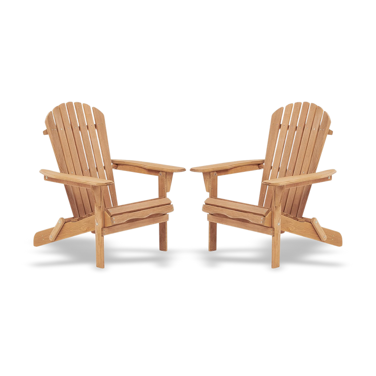 Two wooden Adirondack chairs on a white background