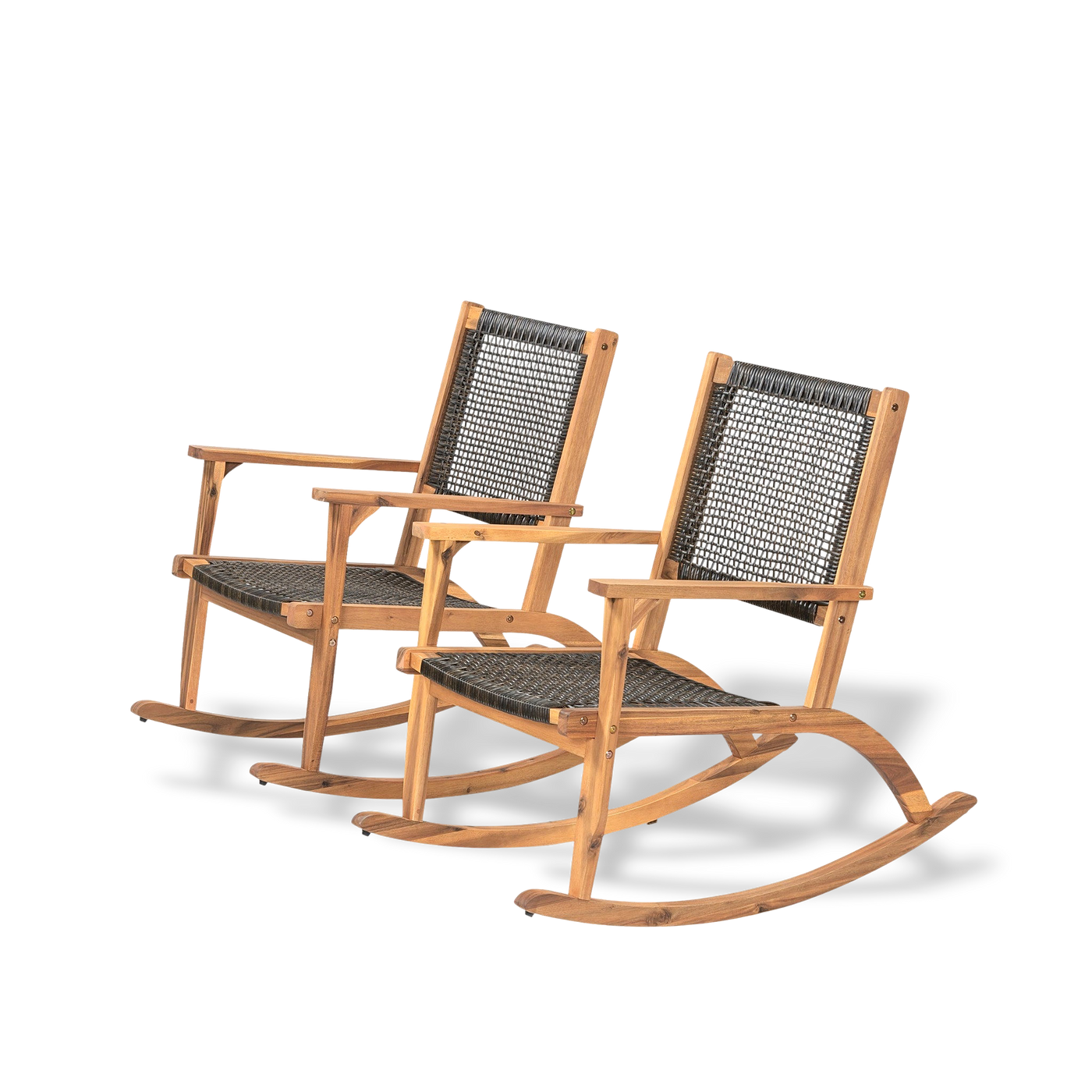 Two wooden rocking chairs with woven seats on a white background