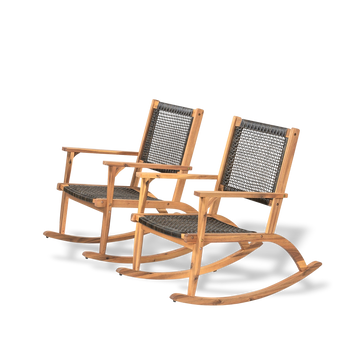 Set of 2 outdoor rocking chairs crafted from durable acacia wood with weather-resistant woven seats and backrests for porch lounging.