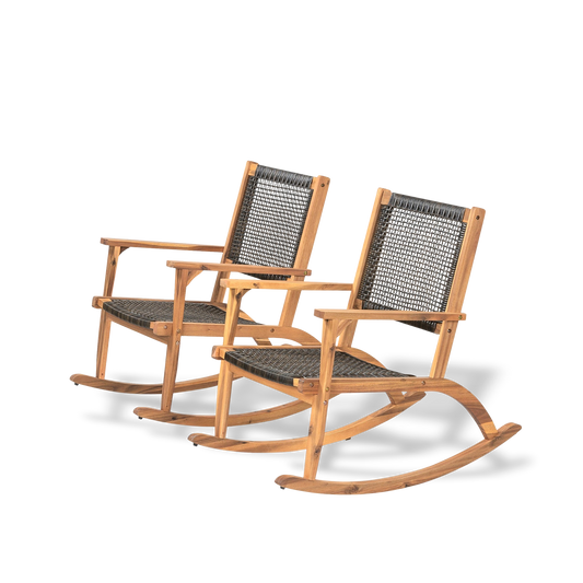 Two wooden rocking chairs with woven seats on a white background