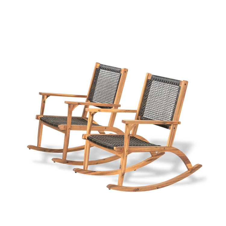 Two wooden rocking chairs with woven seats on a white background