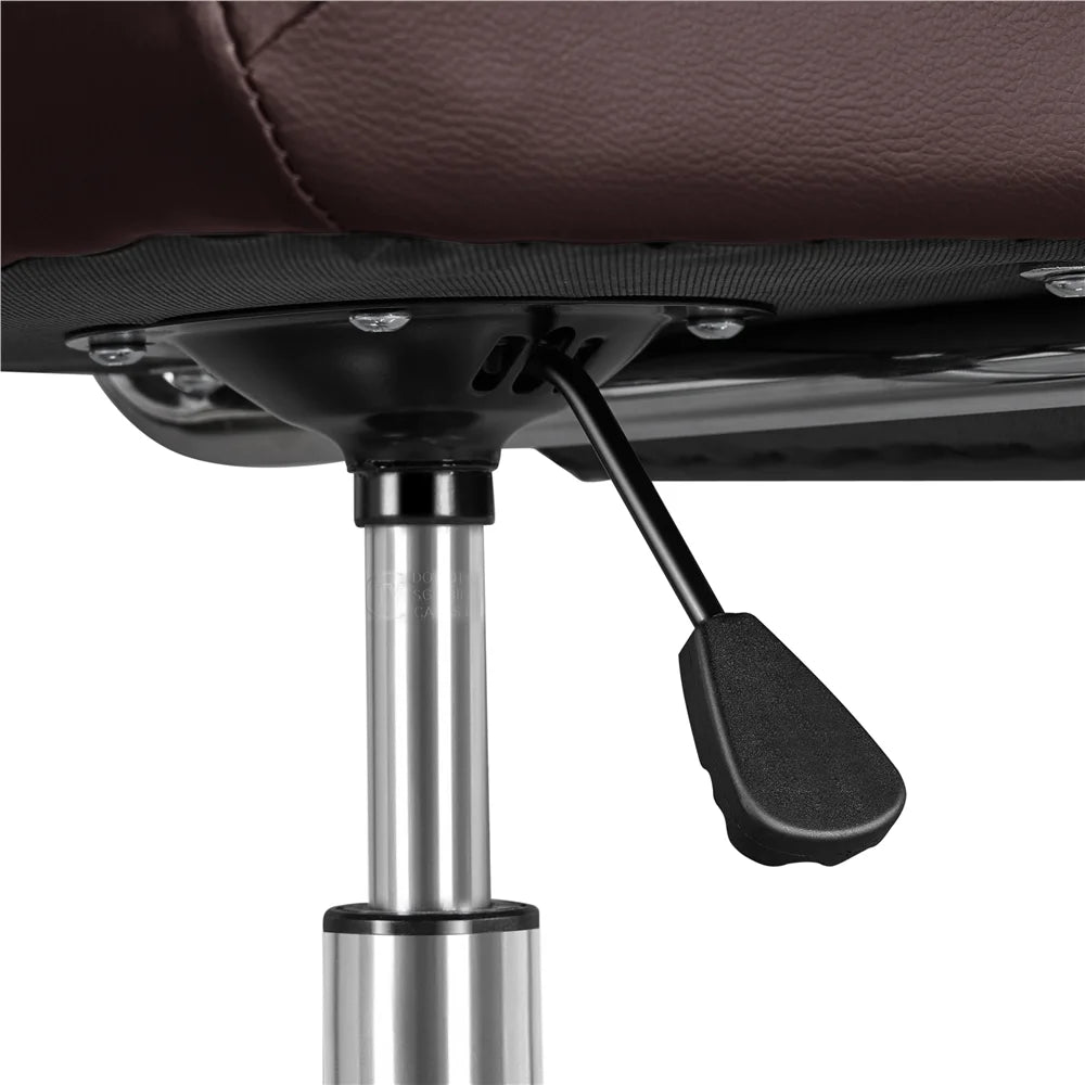 Underseat view of a dark brown faux leather mid-back ergonomic office chair with chrome gas lift and tilt lever.