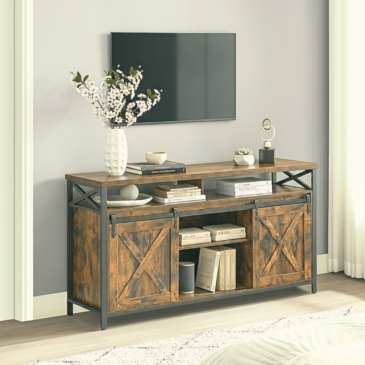 65 inch TV stand with adjustable shelves in brown and black; rustic-industrial console with X-cross barn doors.
