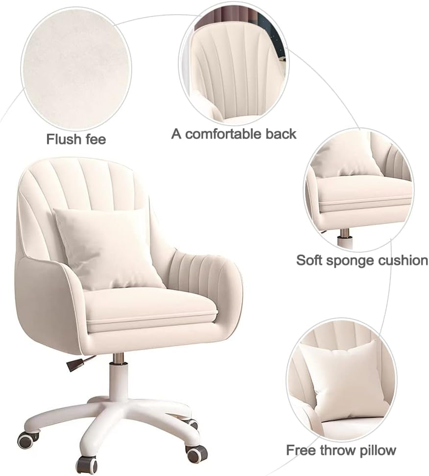 Velvet mid-back office chair with adjustable height, plush curved back, cushioned seat, white five-star base, and free throw pillow.