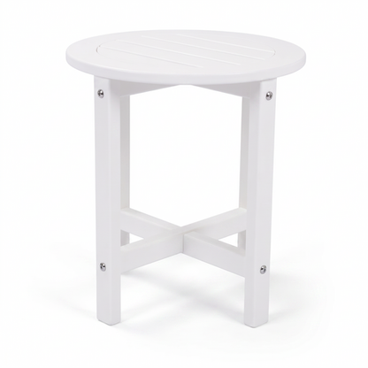 A white round outdoor side table with a slatted top and four legs connected by an X-shaped cross brace, shown on a white background.