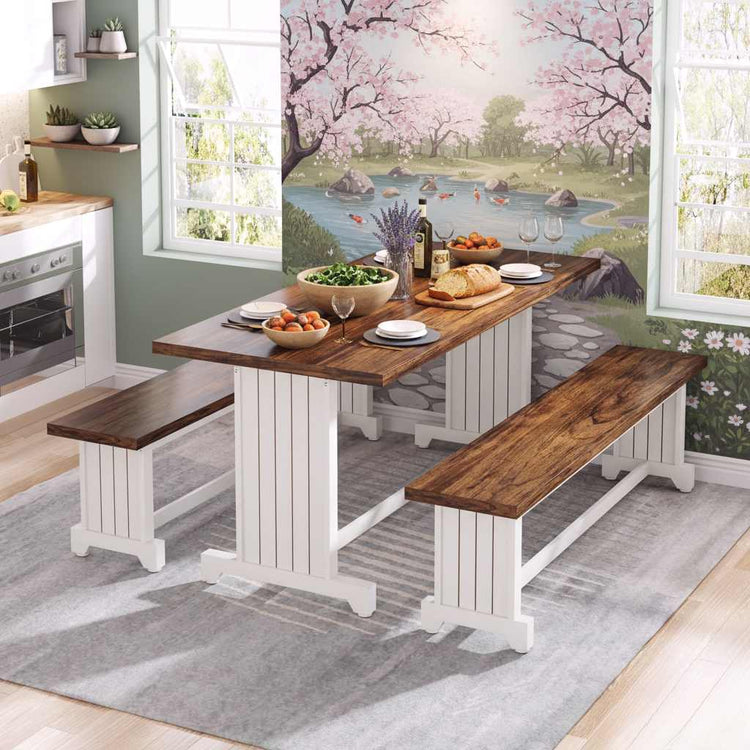 47-inch White Bench Table Set for 4 with two benches in farmhouse style, white bases and brown wood tops.