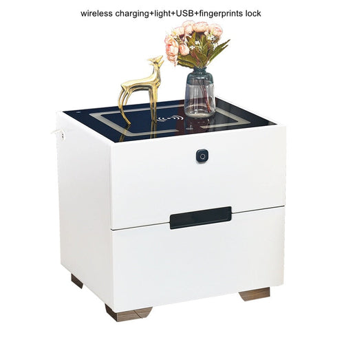 White Smart Bedside Table with wireless charging pad, USB ports, two drawers, and ambient night light.