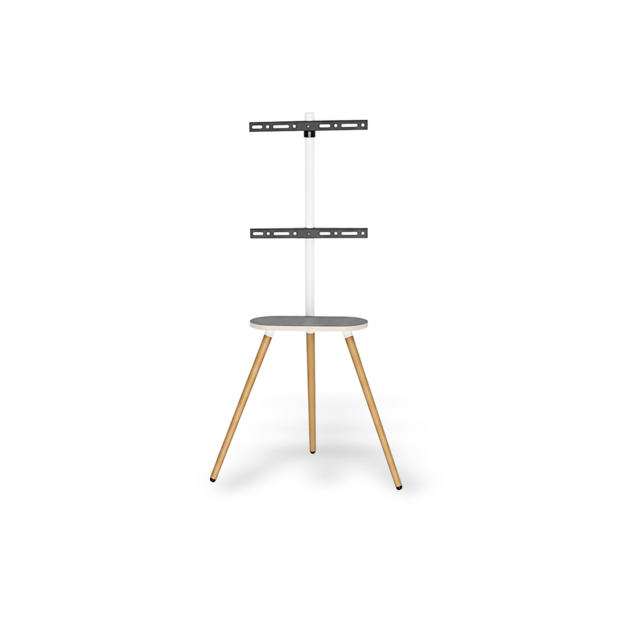 White adjustable tripod TV stand for 40–65 inch TVs with a round wooden tray and durable swiveling mounts.
