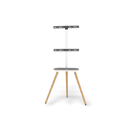 White adjustable tripod TV stand for 40–65 inch TVs with a round wooden tray and durable swiveling mounts.