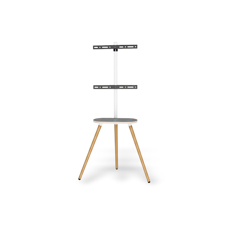 White adjustable tripod TV stand for 40–65 inch TVs with a round wooden tray and durable swiveling mounts.