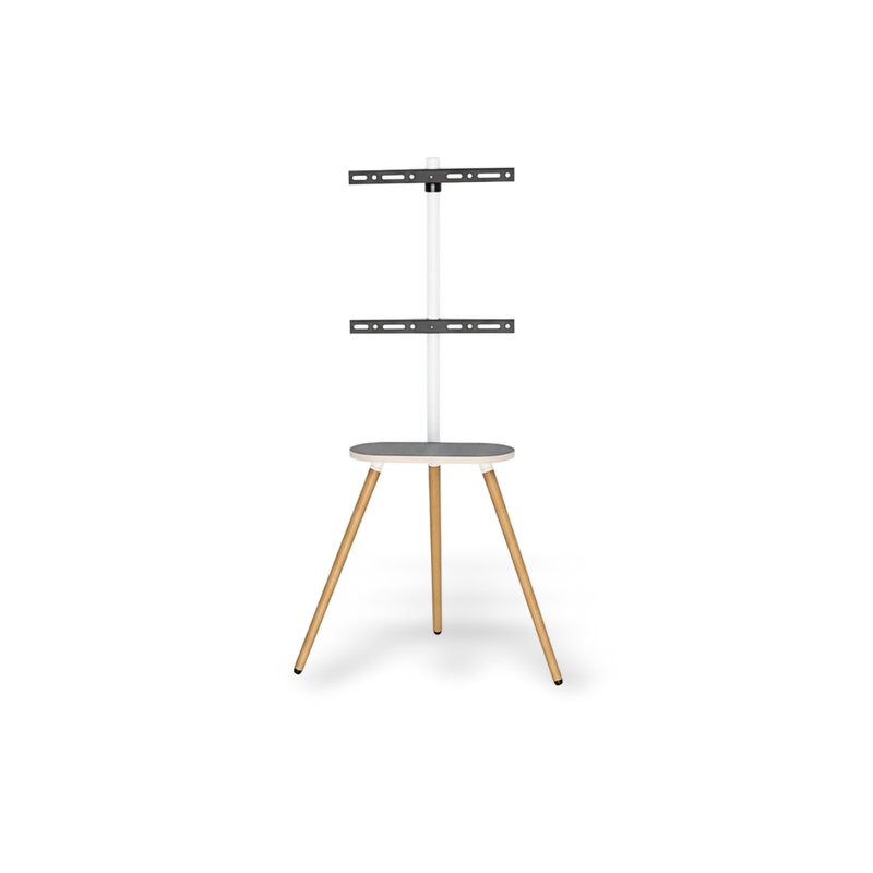 White adjustable tripod TV stand for 40–65 inch TVs with a round wooden tray and durable swiveling mounts.