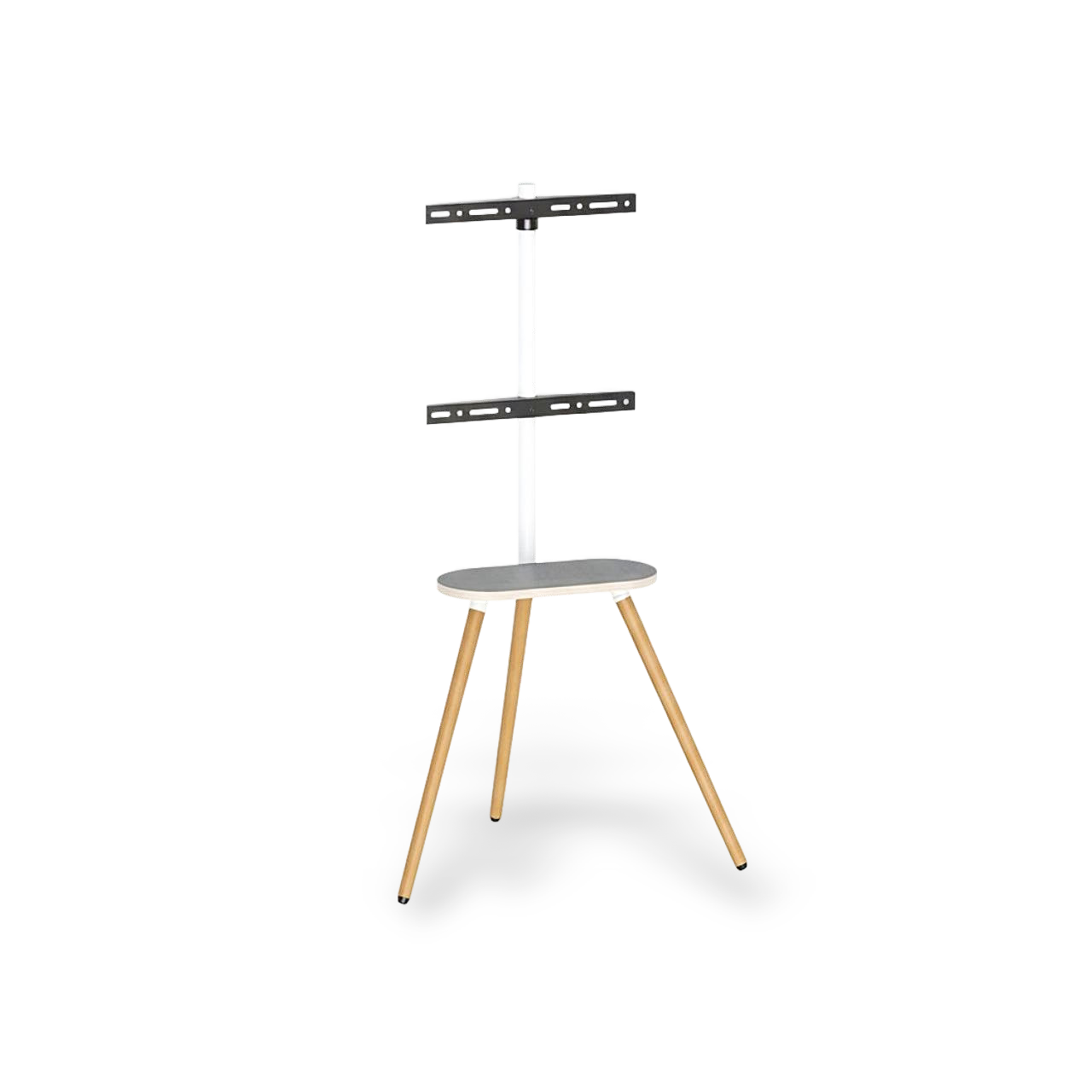 White adjustable tripod TV stand with swivel wooden tray and dual mount brackets for 40–65 inch TVs