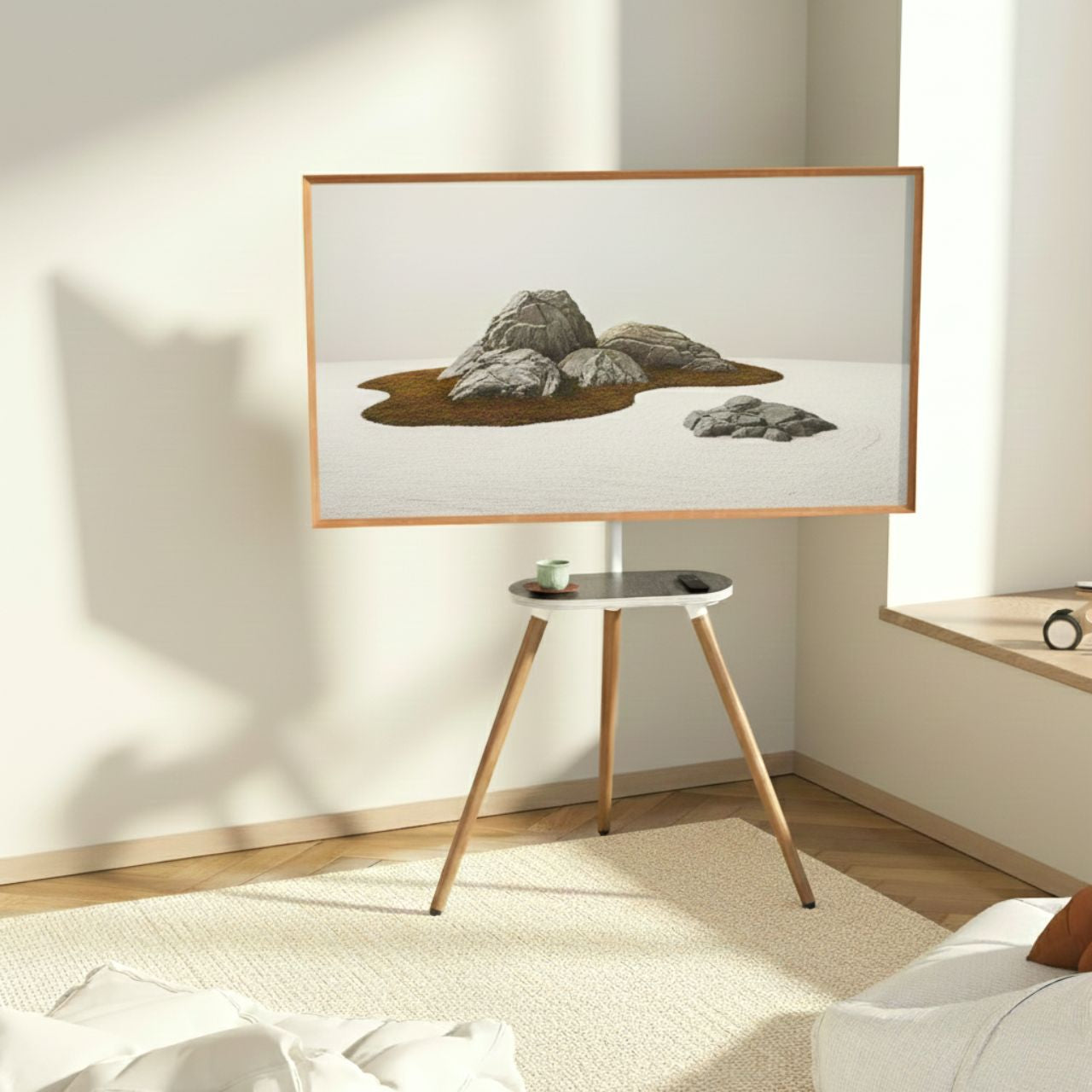 White adjustable tripod TV stand with swiveling wooden tray top for 40–65 inch TVs.