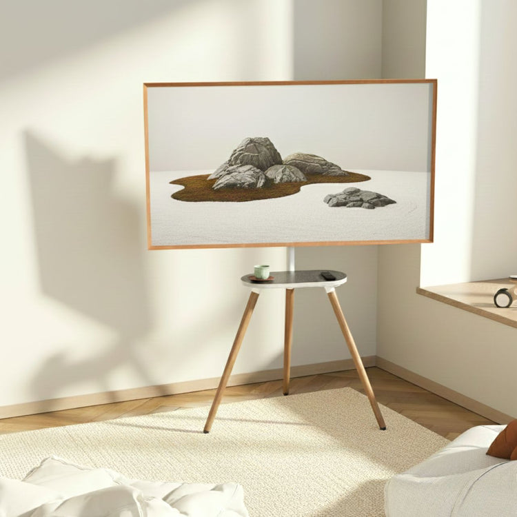 White adjustable tripod TV stand with swiveling wooden tray top for 40–65 inch TVs.