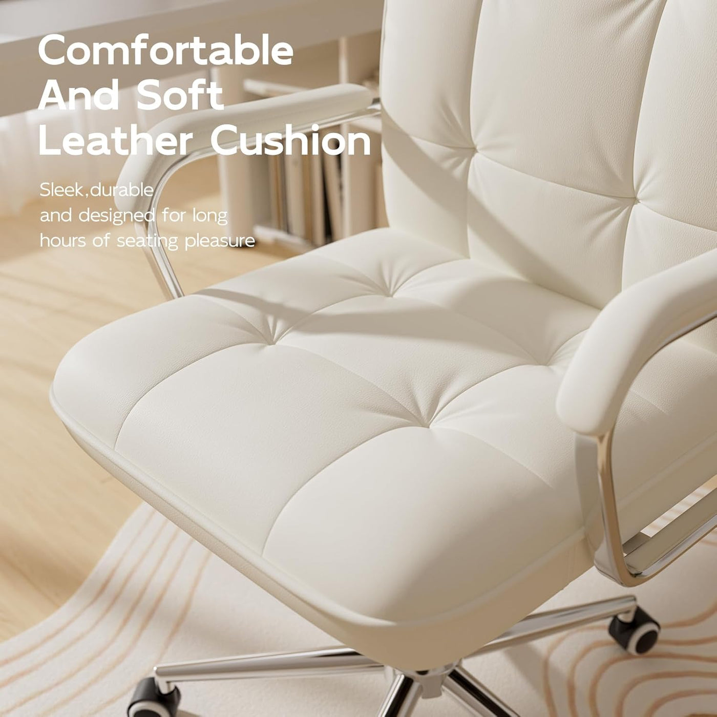White leather desk chair with tufted cushioning and sofa-like comfort, swivel ergonomic office chair.