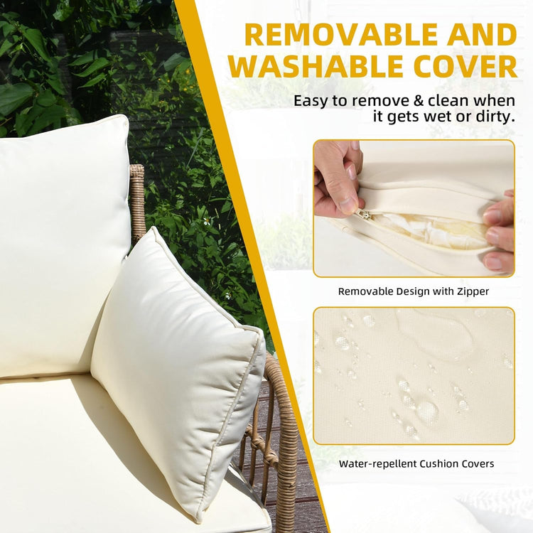 White outdoor cushions with a removable cover feature, set against a natural background.