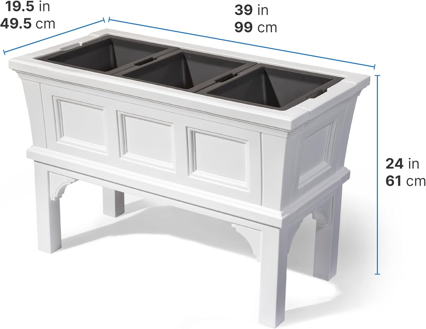 White rectangular raised garden bed planter box with removable trays on an elevated stand.