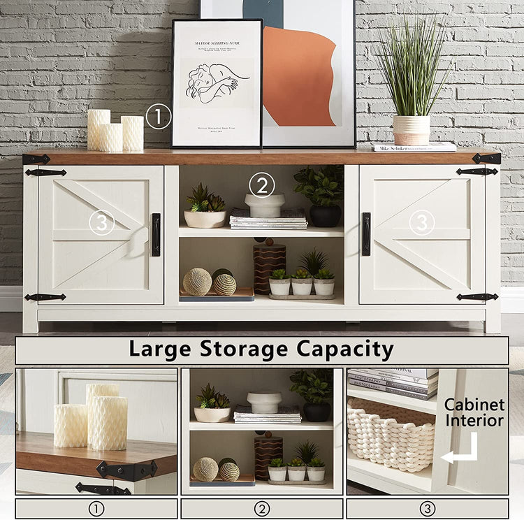 White storage cabinet with wooden top against a brick wall, featuring decorative items and labeled sections.