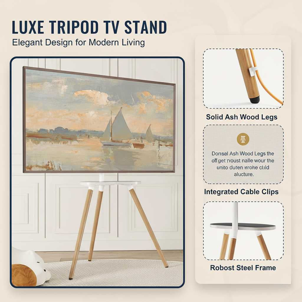 White tripod TV stand for 40-65 inch TVs with a swiveling wooden tray and ash wood legs