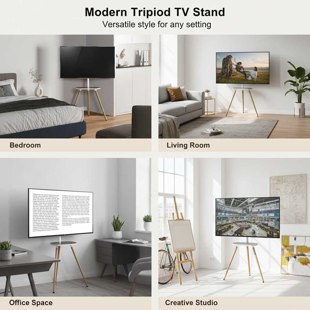 White tripod TV stand with swivel wooden tray for 40–65 inch TVs; durable, versatile in living room and bedroom.