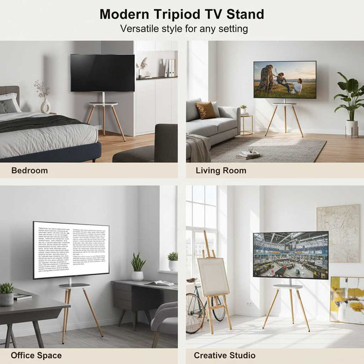 White tripod TV stand with swivel wooden tray for 40–65 inch TVs; durable, versatile in living room and bedroom.