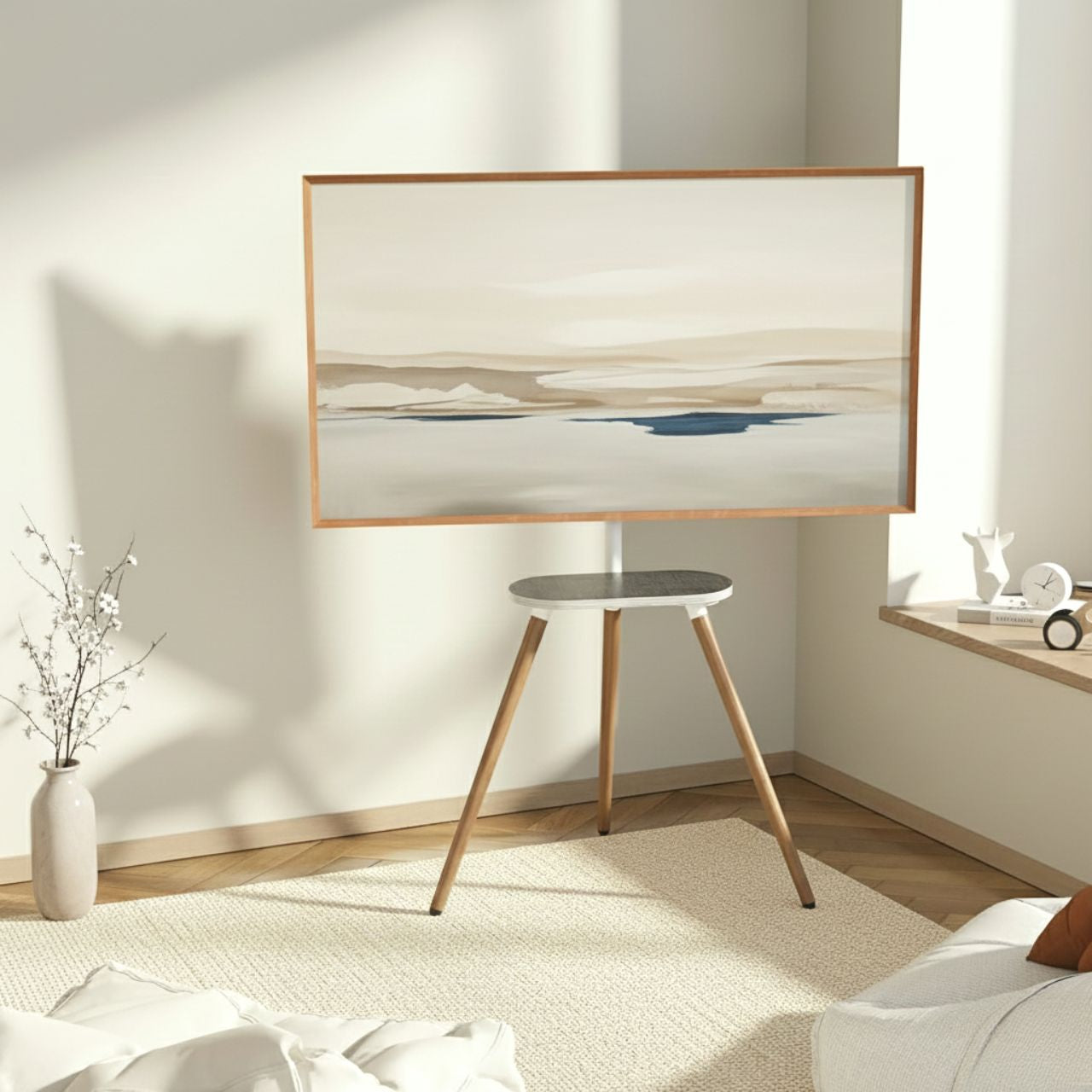 White tripod TV stand with swiveling wooden tray for 40-65 inch TVs, durable and modern.