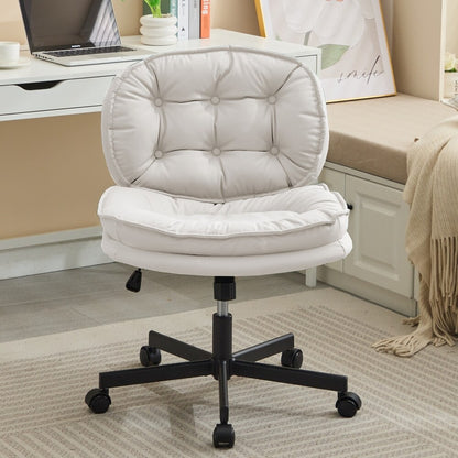 White tufted armless office chair with large caster wheels on a black five-star base