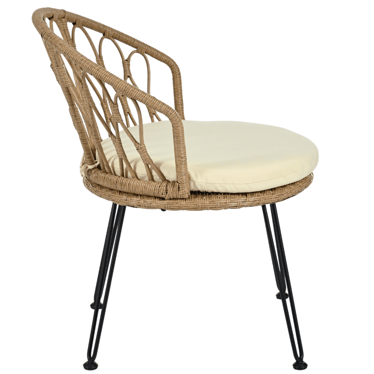 Wicker chair with a beige cushion on a transparent background