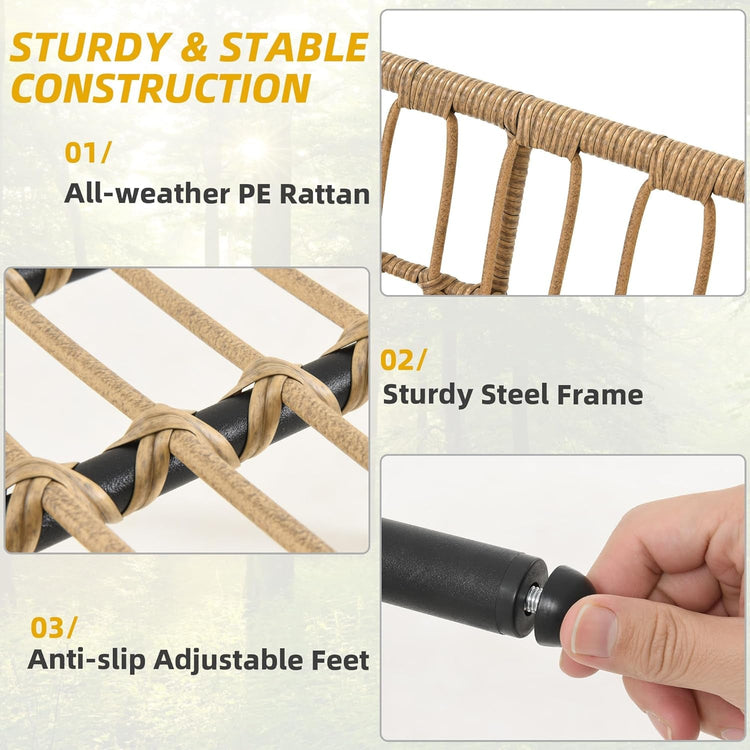 Wicker chair with text highlighting sturdiness, PE rattan, steel frame, and adjustable feet.