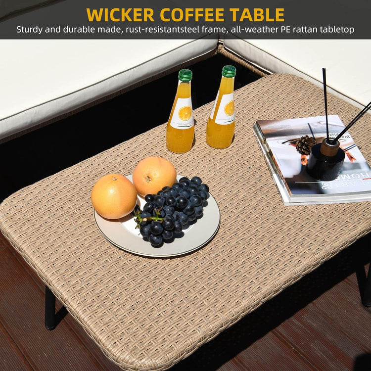 Wicker coffee table with fruits, drinks, and a magazine on a wooden floor.