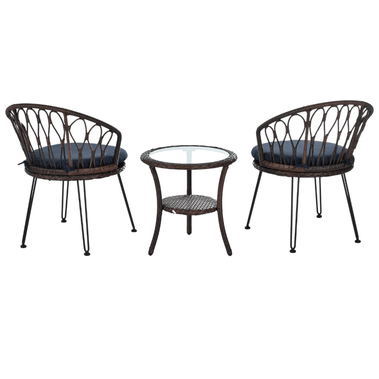 Wicker outdoor furniture set with two chairs and a small table on a transparent background