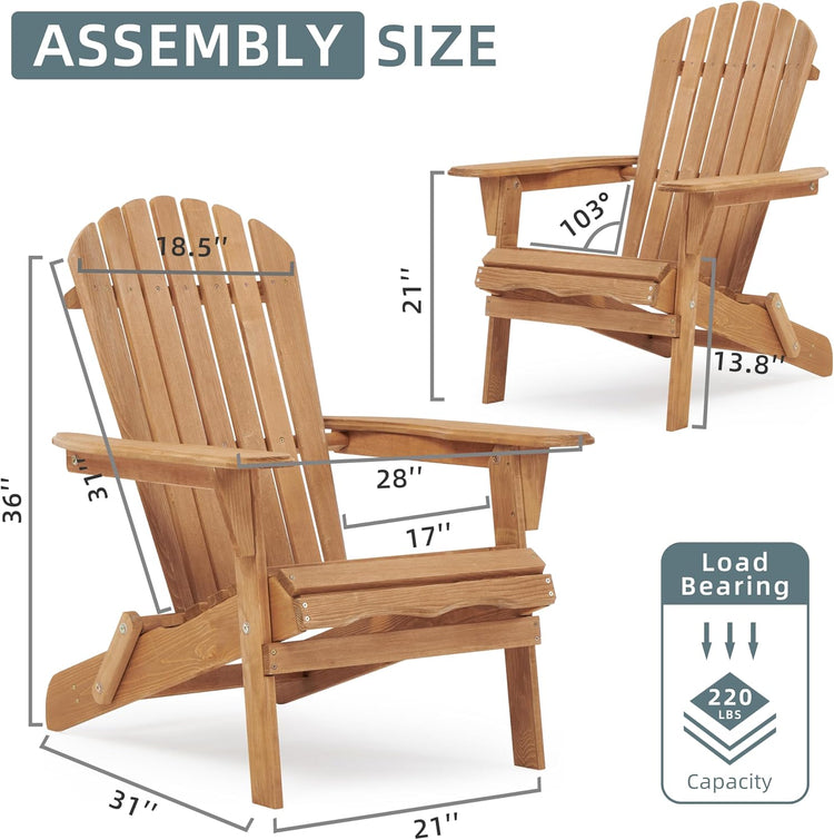 Wooden Adirondack chair with assembly size dimensions on a white background