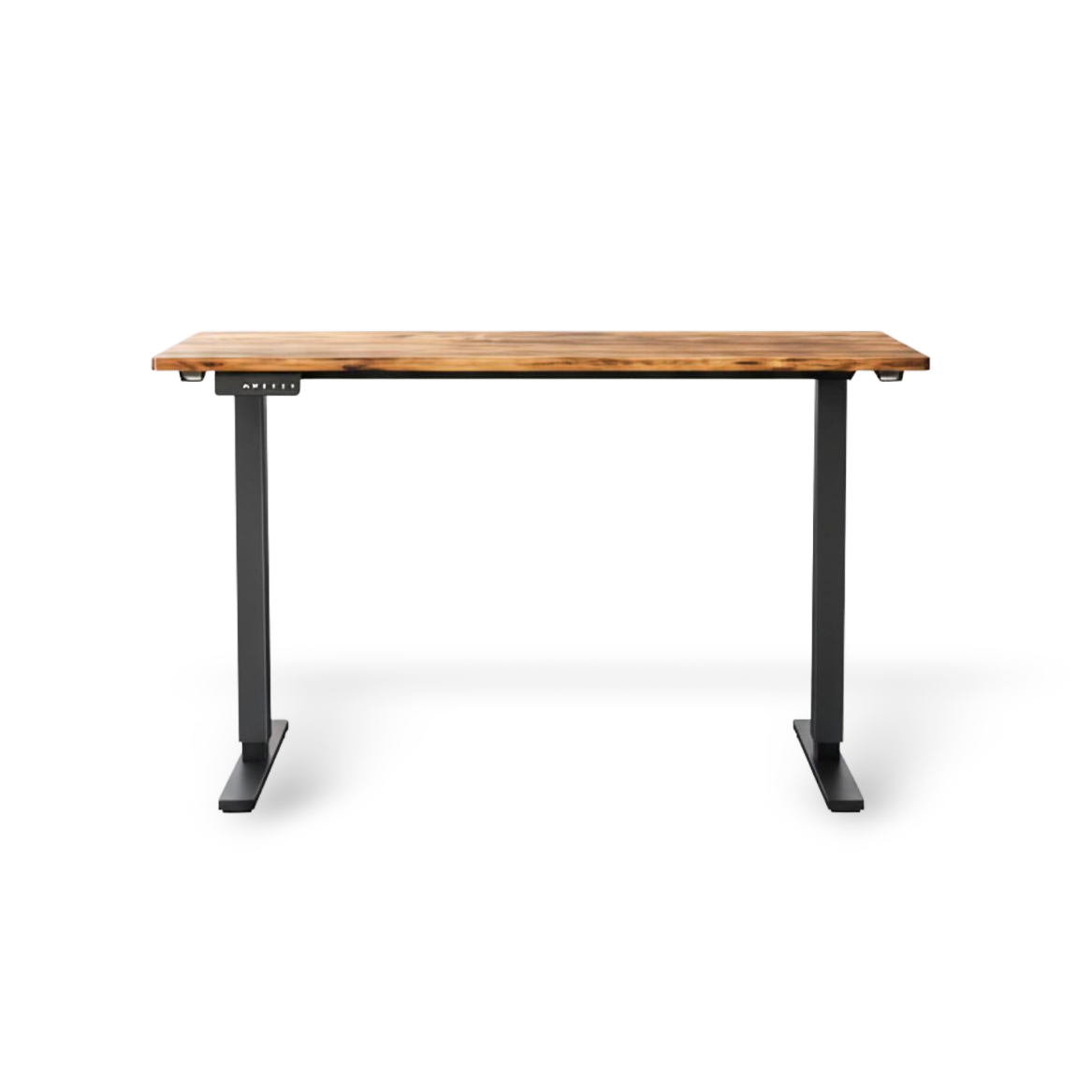 Wooden Adjustable office desk with black metal legs on a white background