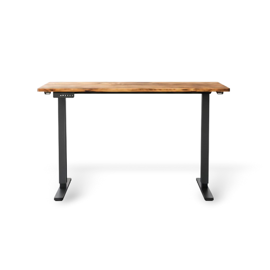 Wooden Adjustable office desk with black metal legs on a white background