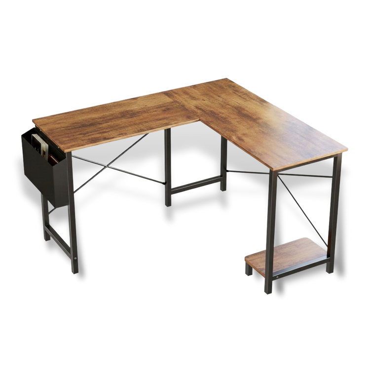 Wooden L-shaped desk with metal legs on a white background