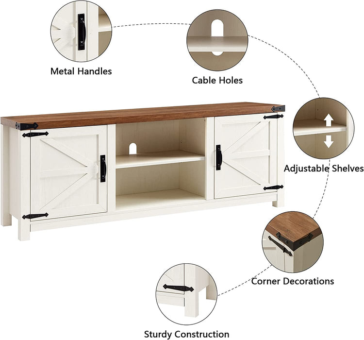 Wooden TV stand with features highlighted on a white background