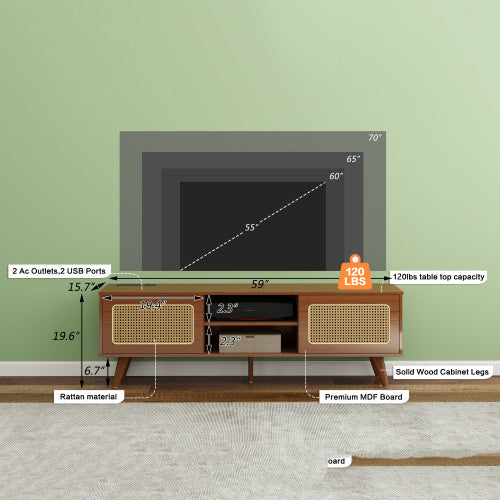 Wooden TV stand with measurements and specifications on a green wall background