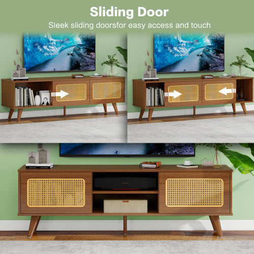 Wooden TV stand with sliding doors on a green wall background