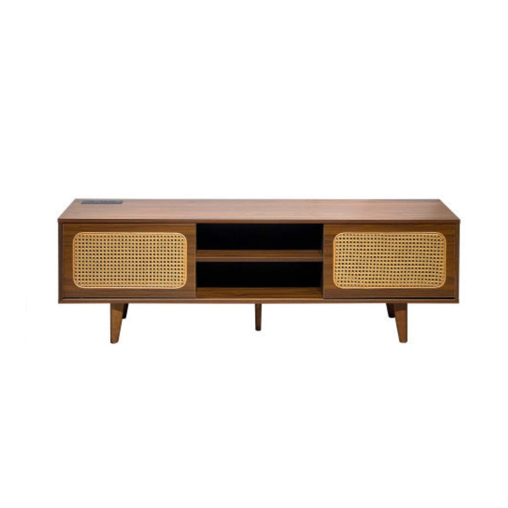 Wooden TV stand with wicker doors on a white background