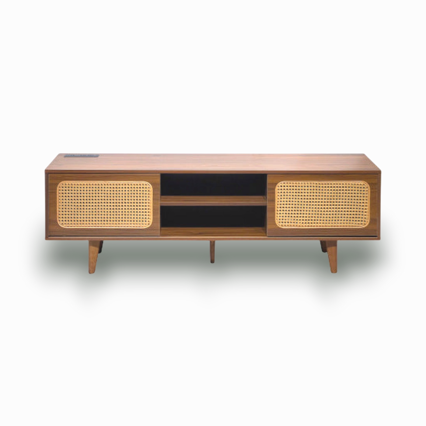 Wooden cabinet with wicker doors on a white background