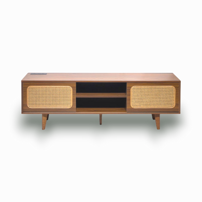 Wooden cabinet with wicker doors on a white background