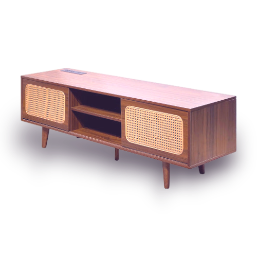 Wooden TV stand with wicker doors on a white background