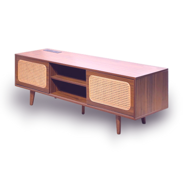 Wooden cabinet with wicker doors on a white background