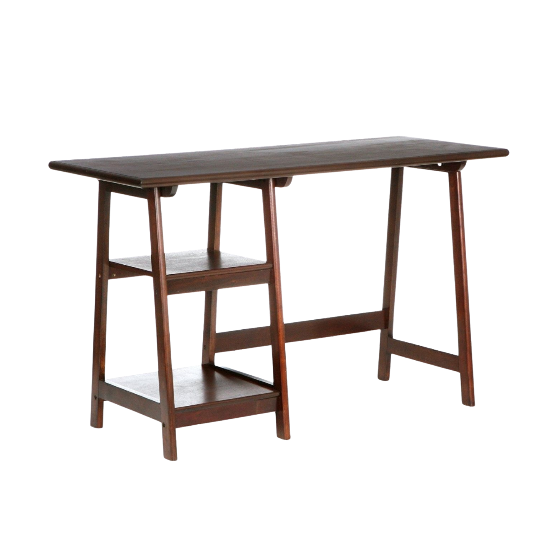 Wooden bar height table with a shelf on a white background