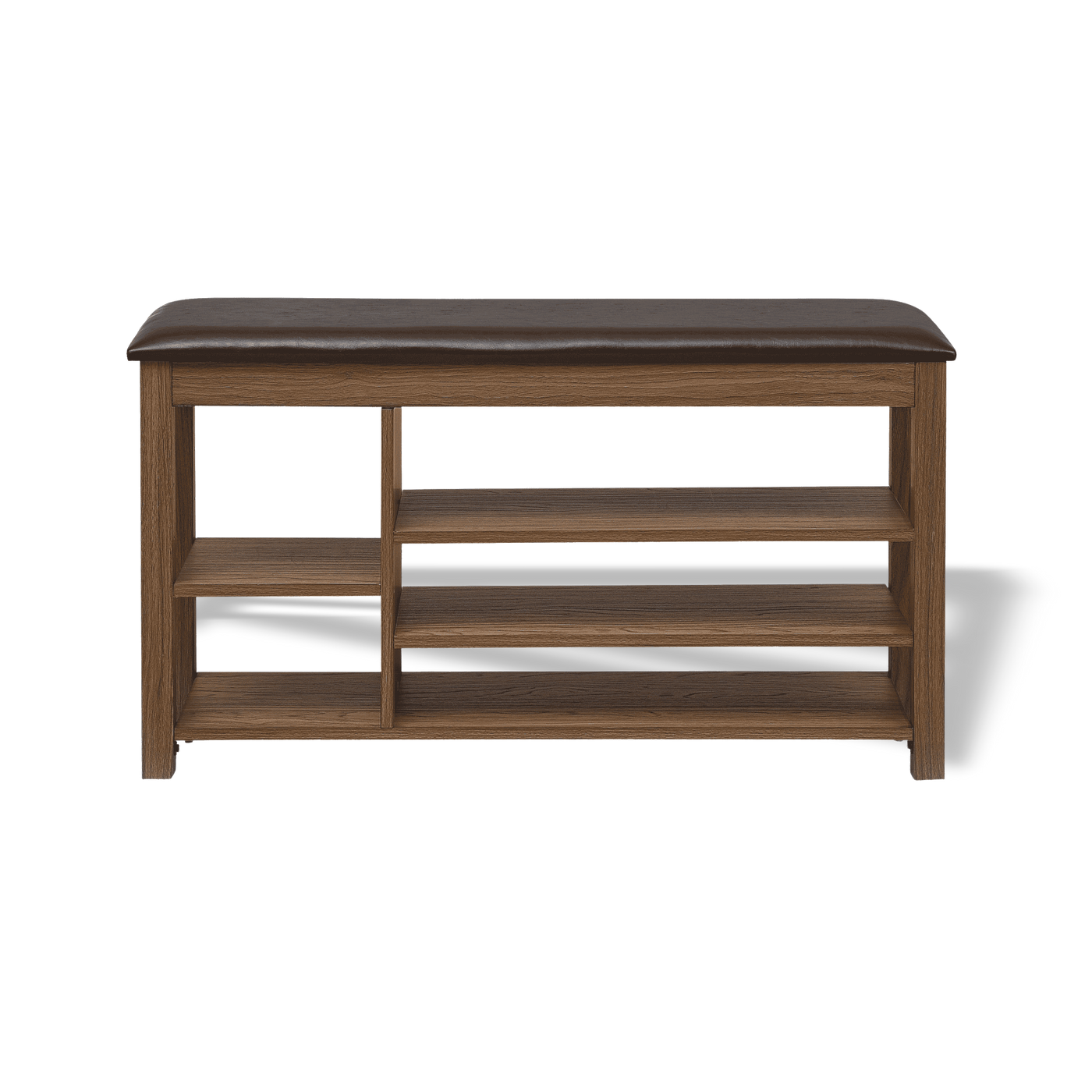 Wooden bench with a leather cushion on a white background