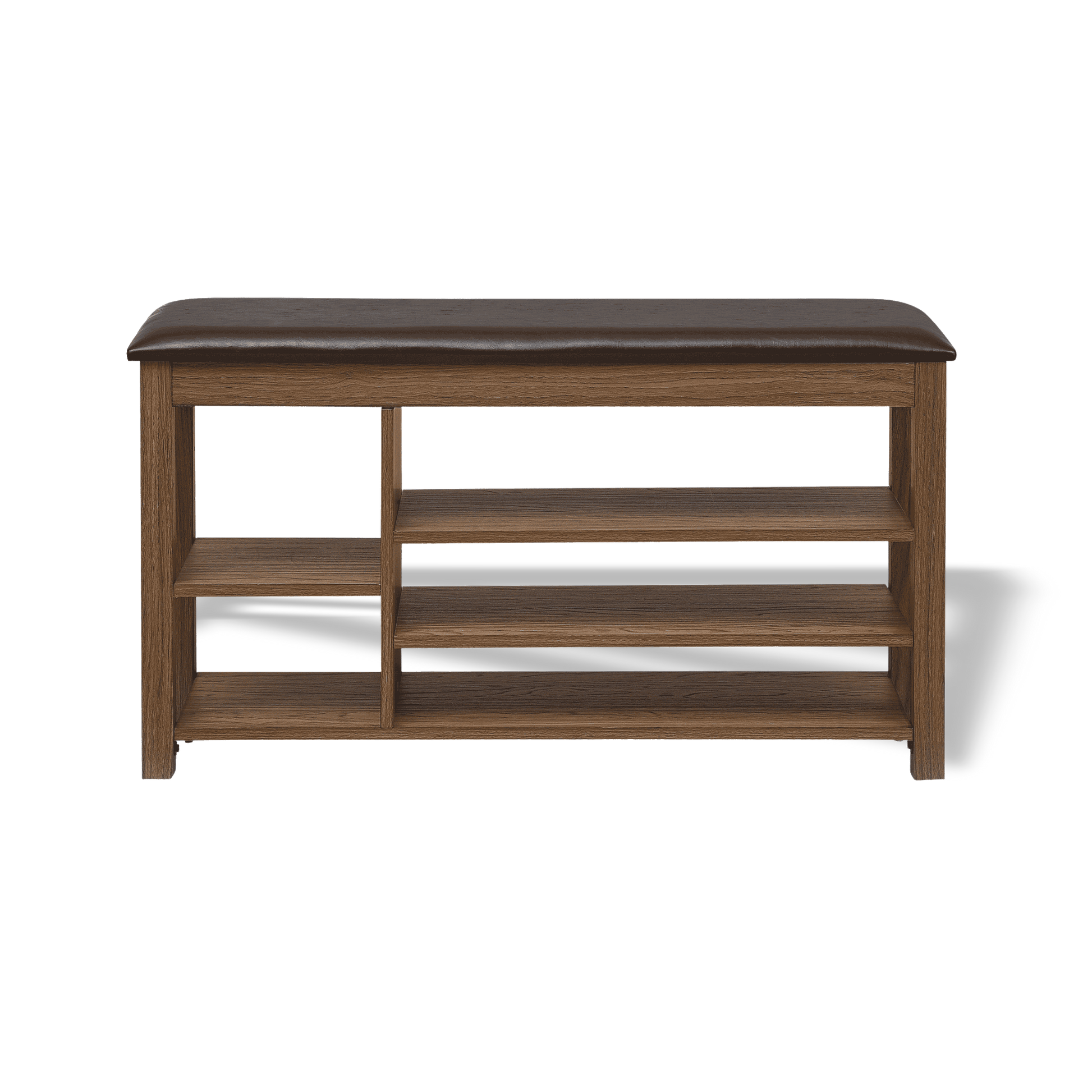 Wooden bench with a leather cushion on a white background